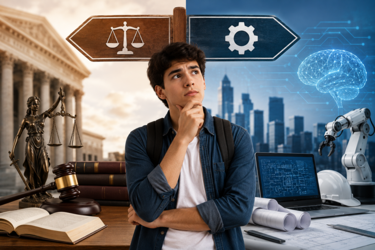 Estudiante eligiendo entre estudiar Derecho o Ingeniería en un entorno universitario con elementos jurídicos y tecnológicos.